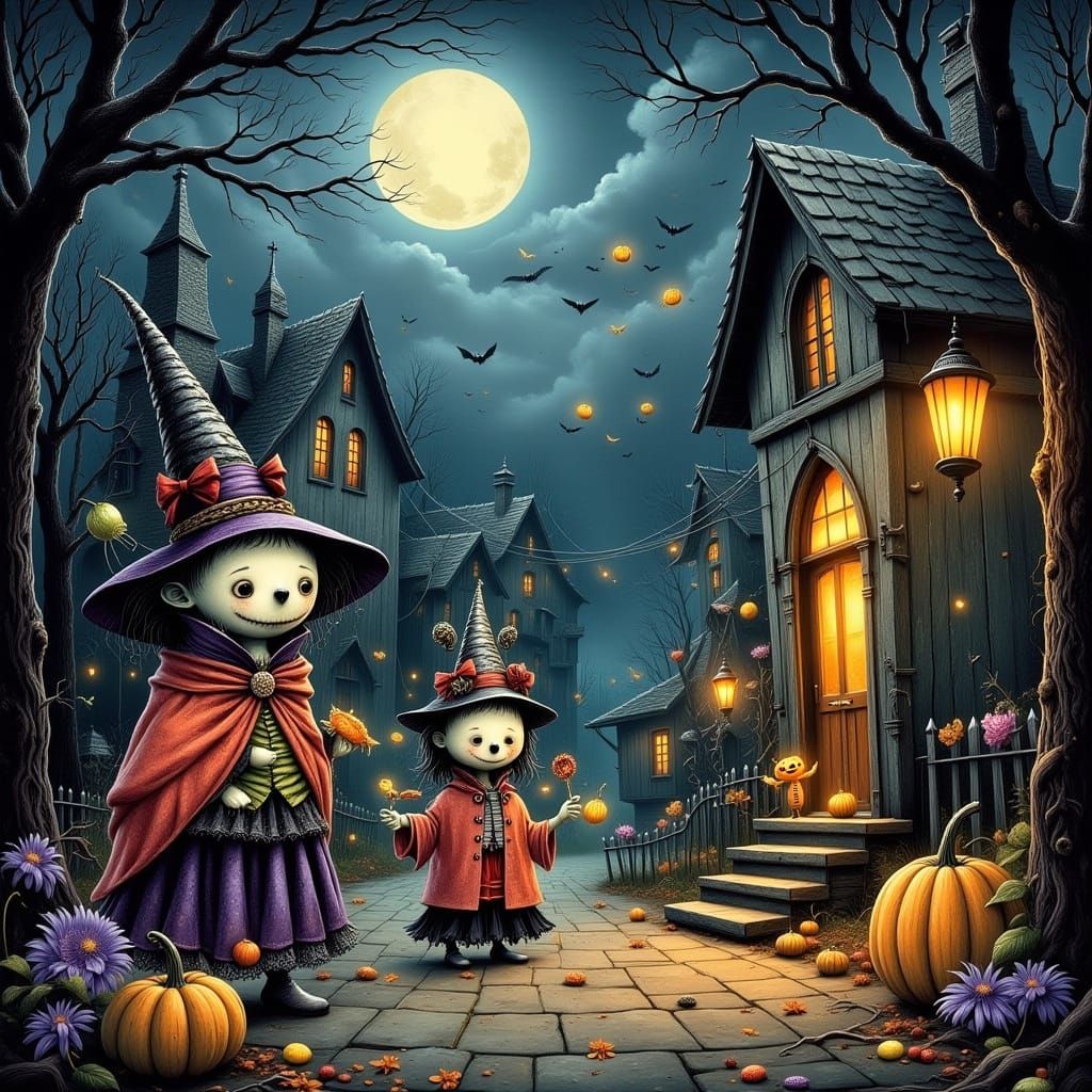 Whimsical Creatures Trick-or-Treating on Halloween Night