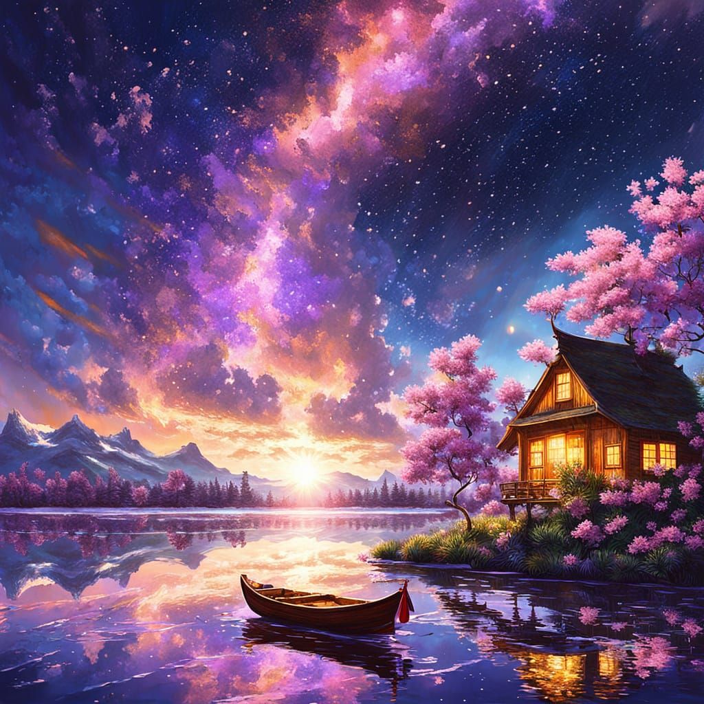 Fairytale Landscape with Cherry Blossom Tree, Oil Painting