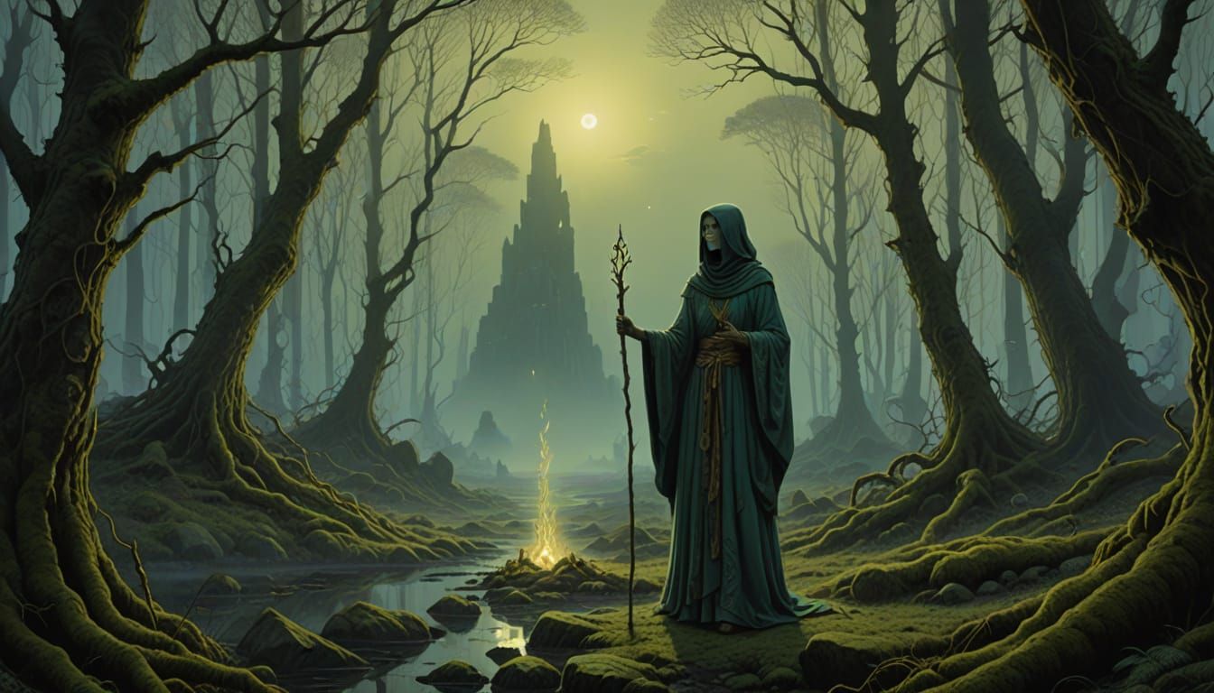 Surreal Seer Amidst Ancient Runes in a Mystic Forest