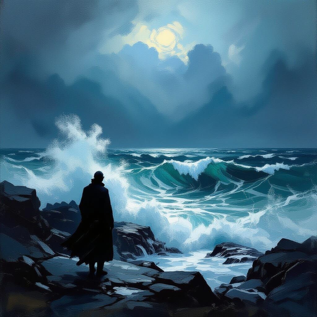 Dramatic Oil Painting of Figure Against Stormy Sea