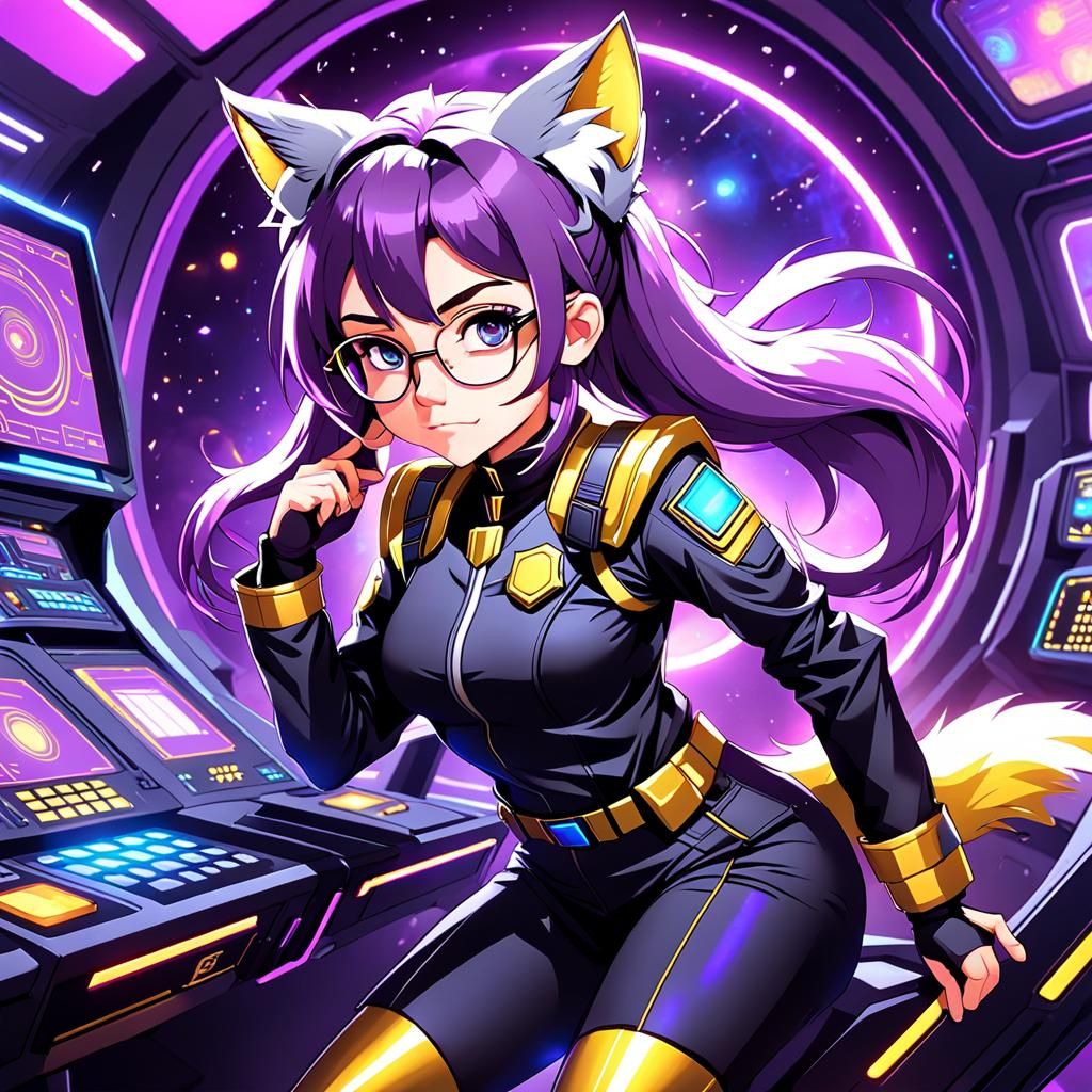 Anime Science Officer with Cat Features in Spaceship
