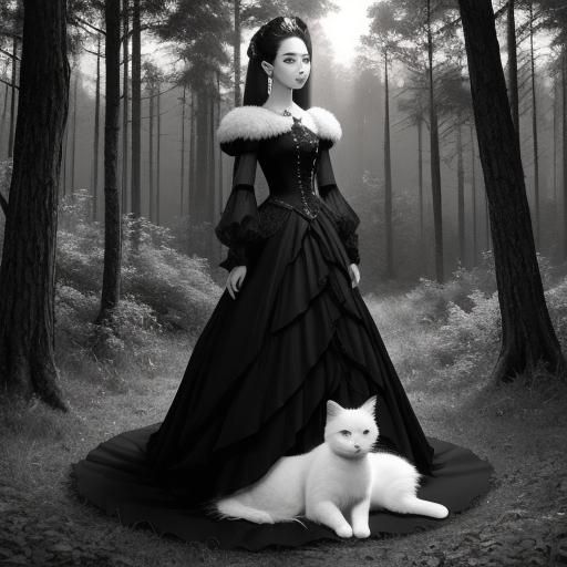Monochromatic Lady with Kitten in Forest at Sunset