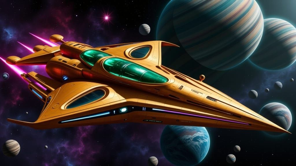 Cosmicpunk Castle-Starship in Dark Orange, Forest Green, and...