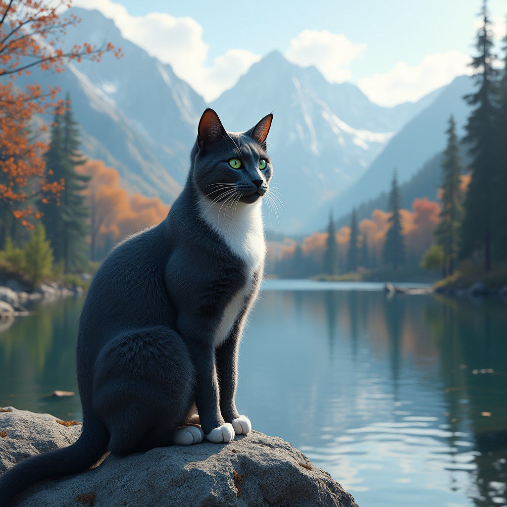 Majestic Cat Gazing Across Serene Lake