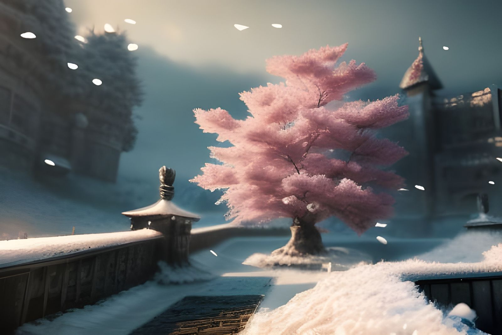 "Japanese pink cherry tree by snow landscape!"