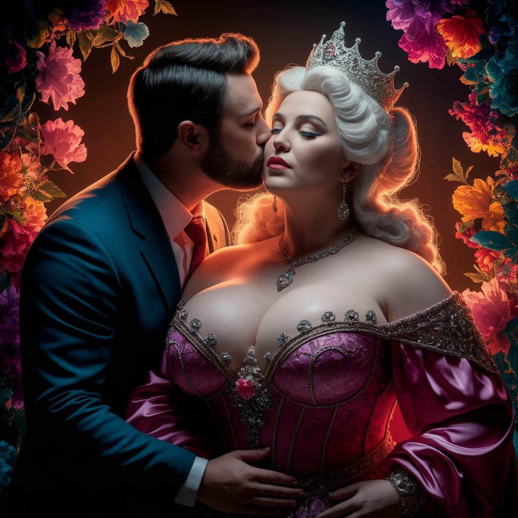 Intimate Kiss: Plus-Sized Queen in Vibrant Setting