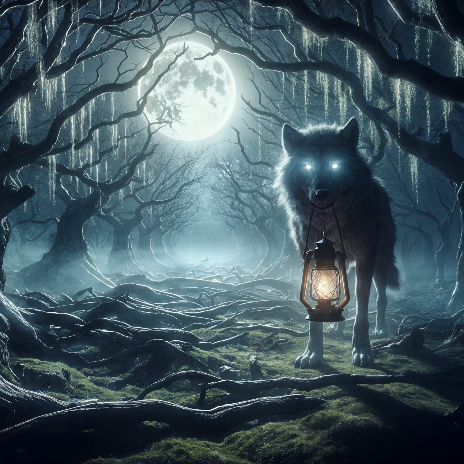 Ghostly Wolf Guardian in Moonlit Grove