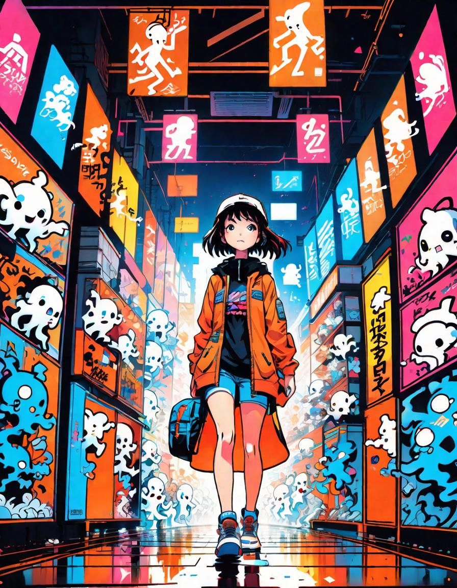 Anime Girl Surrounded by Ghosts in Doodle Style