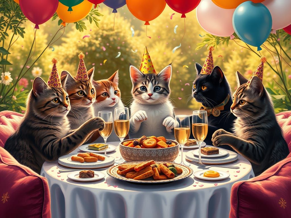 Feline Family Celebrates Caturday Dinner Milestone in Whimsi...