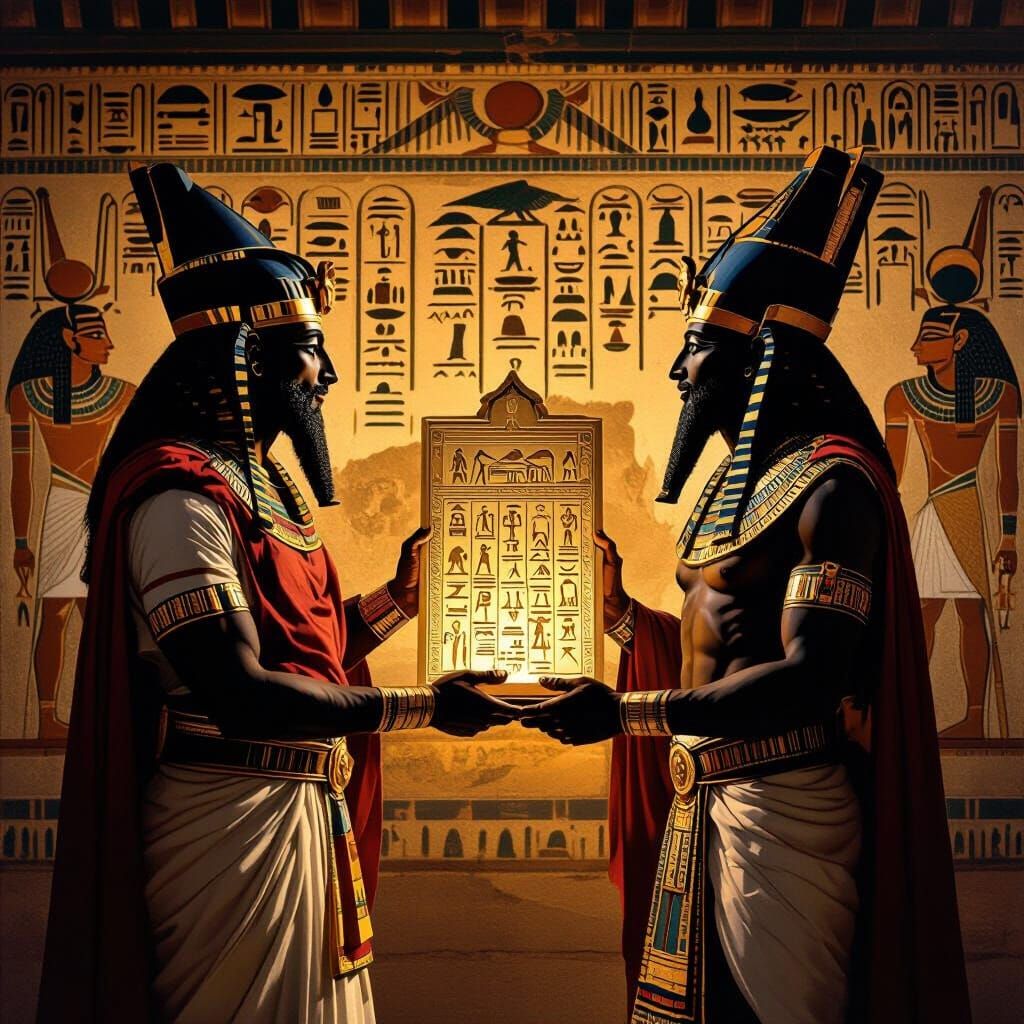 Moses Presents Ten Commandments to Black Pharaoh