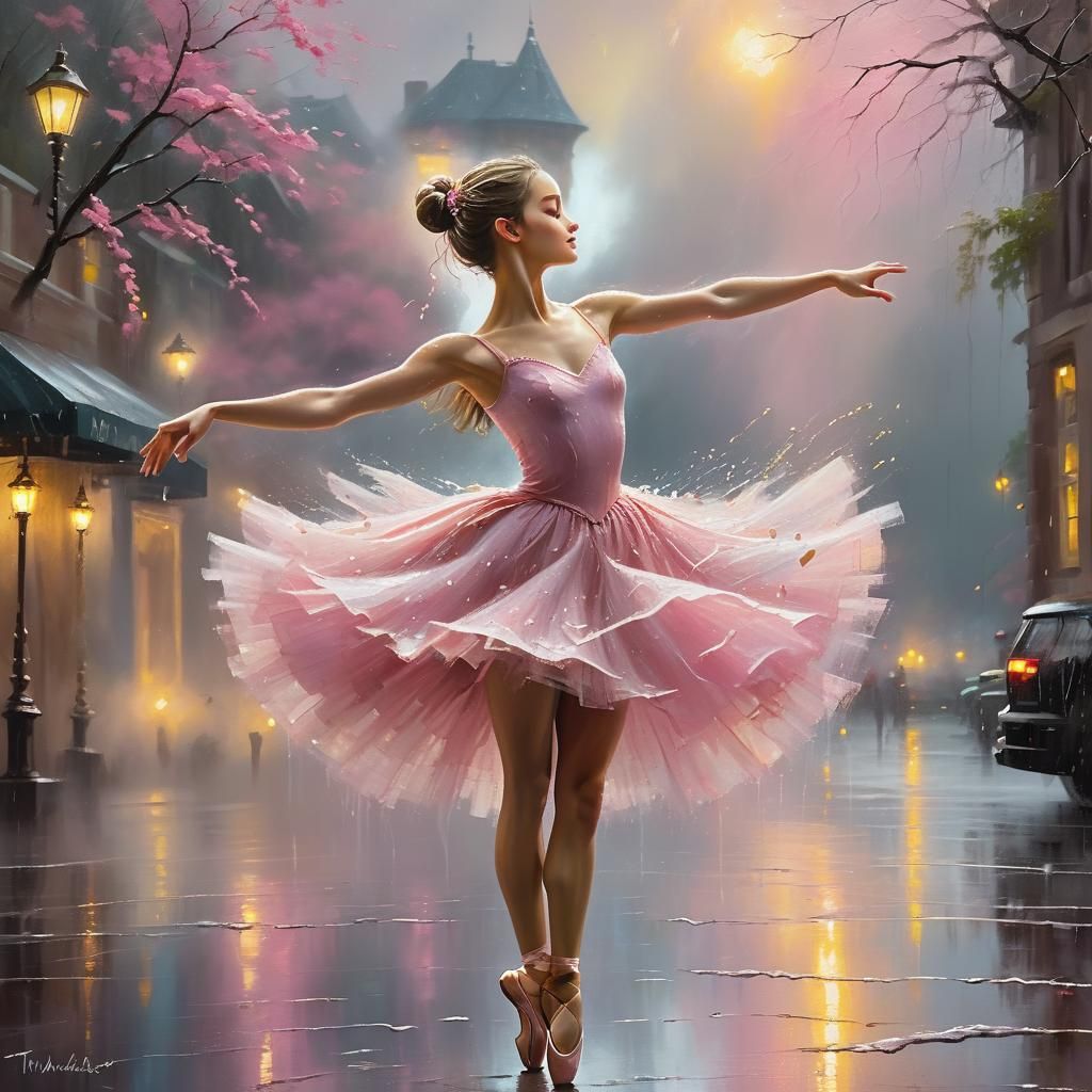 Ballerina Dancing in Rain as Impasto Painting