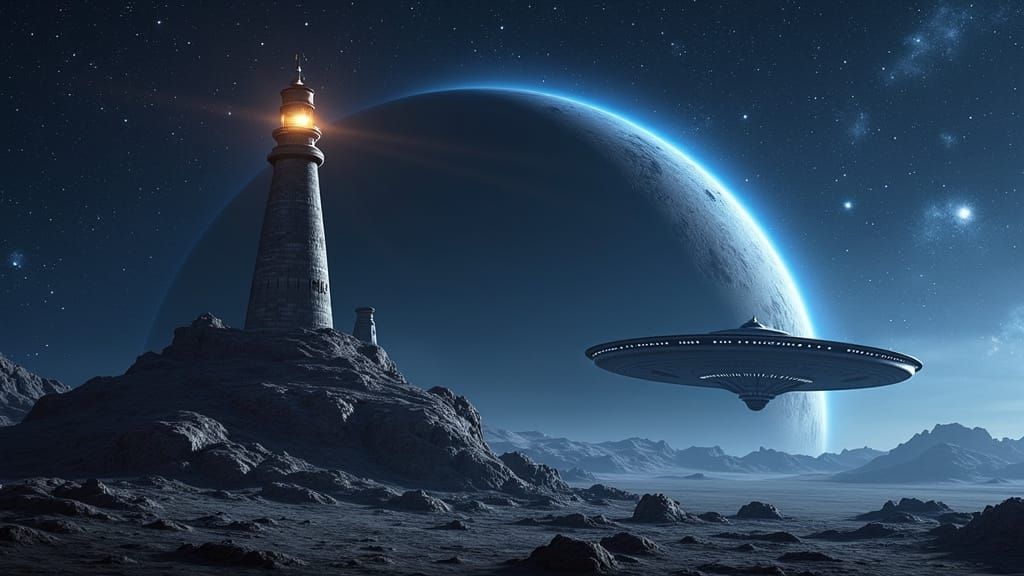 Asteroid Lighthouse with Cargo Ship in Futuristic Style