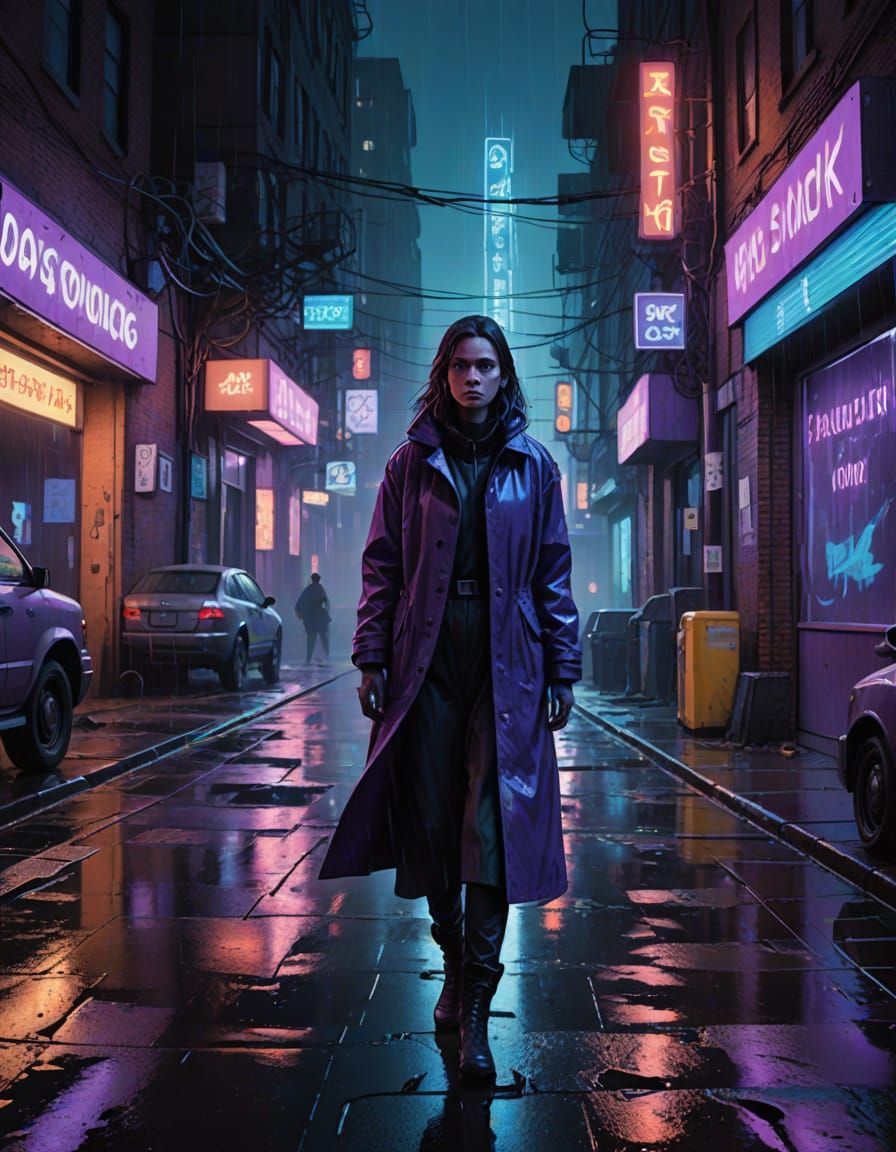 Futuristic Girl in a Rain-Soaked Alley, Neon Lights Flicker ...