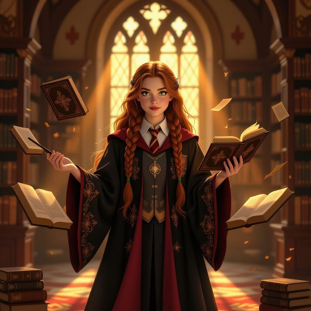 Young Witch Levitating Books in Gryffindor Common Room