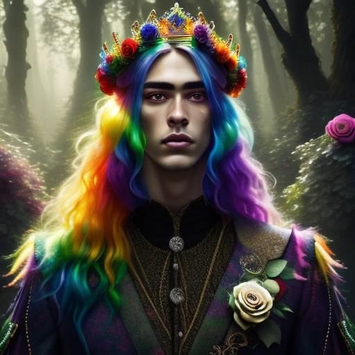 Young Man Crowned with Rainbow Roses in Forest
