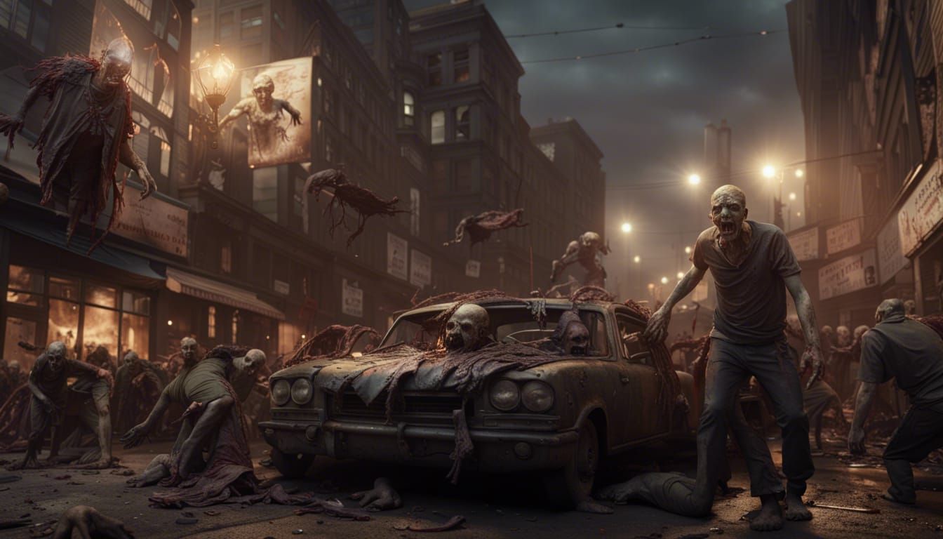 Zombie Hoard in City Street: Detailed Matte Painting