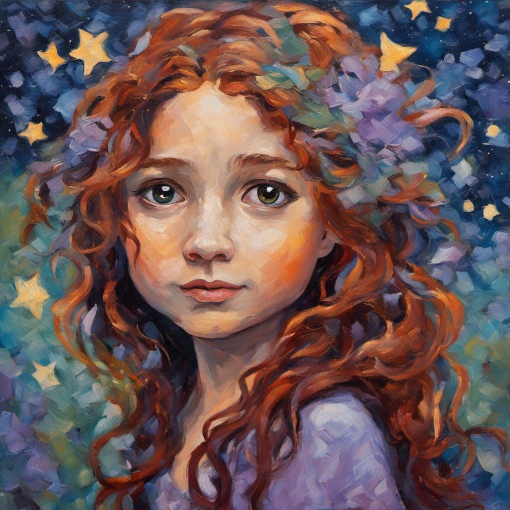 Auburn Haired Fairy in Neo-Impressionist Starry Night