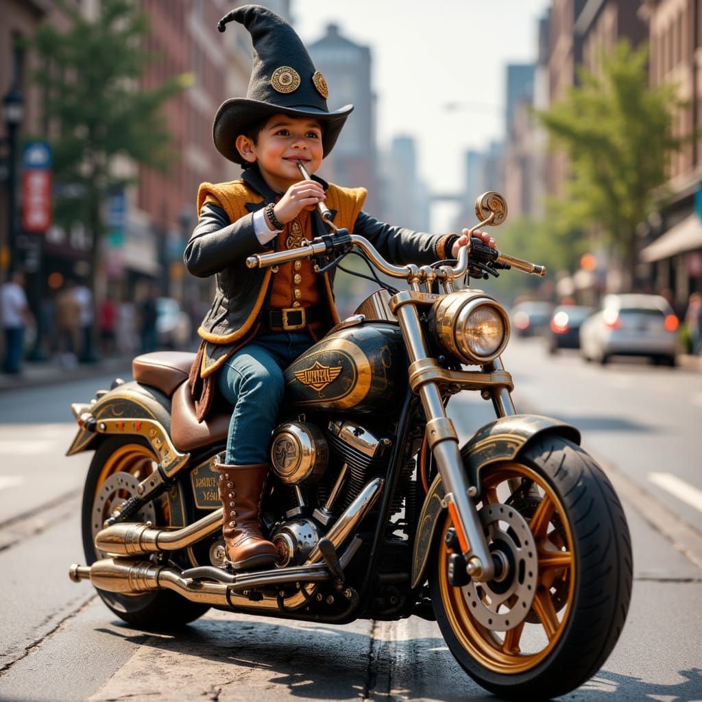 Miniature Pied Piper Rides Harley Down Main Street