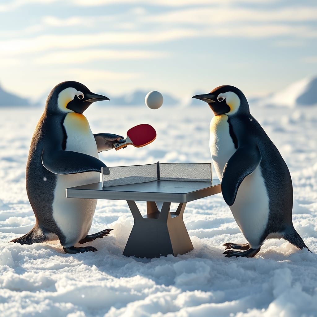 Penguins Play Ping Pong in Winter Wonderland