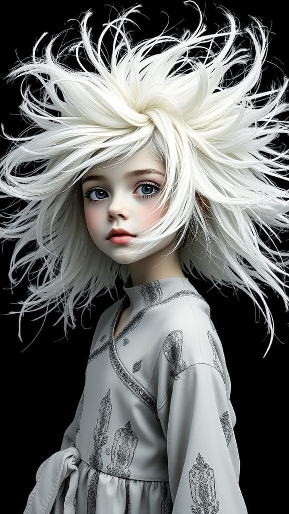 Girl with Wild Hair, Expressive Monochromatic Art