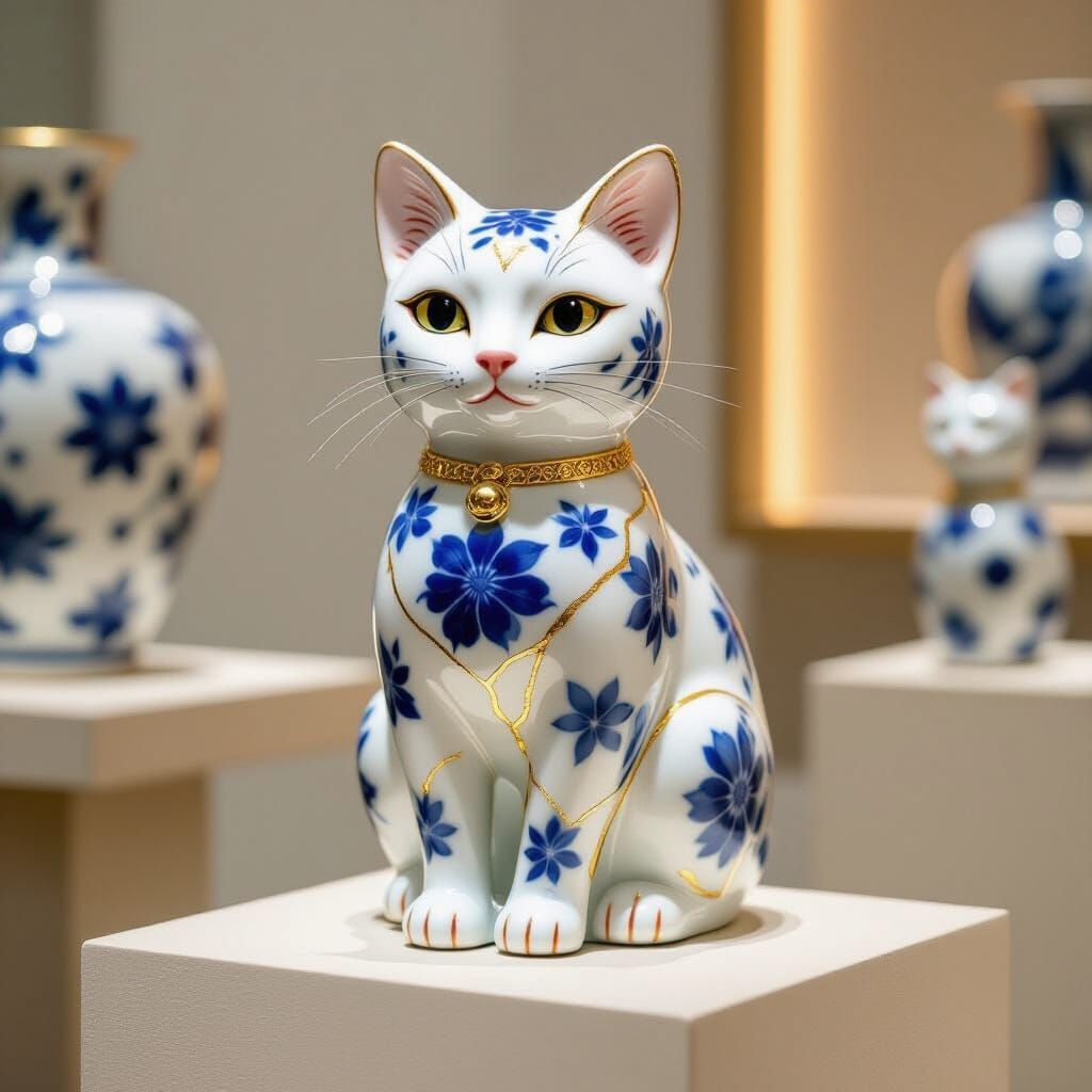 Kintsugi Porcelain Cat Figurine in Chinese Style