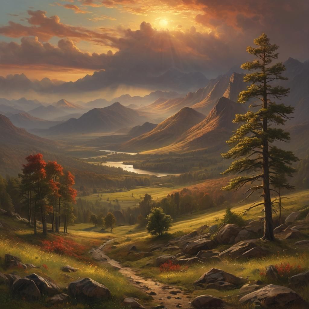 Sunburst Over Serene Landscape Painting
