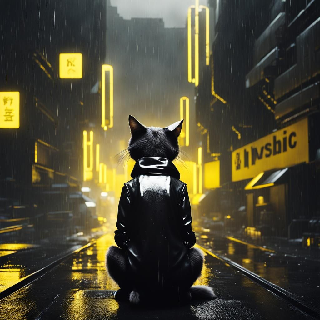 Cyberpunk Cat in Rain, Black and Yellow