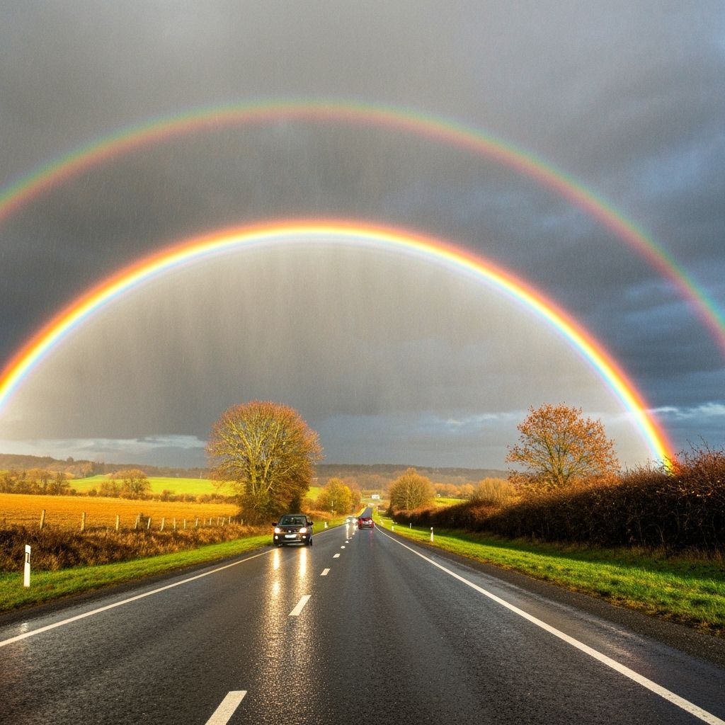 Rainbow Over Autumn Highway in Graffiti Art Style