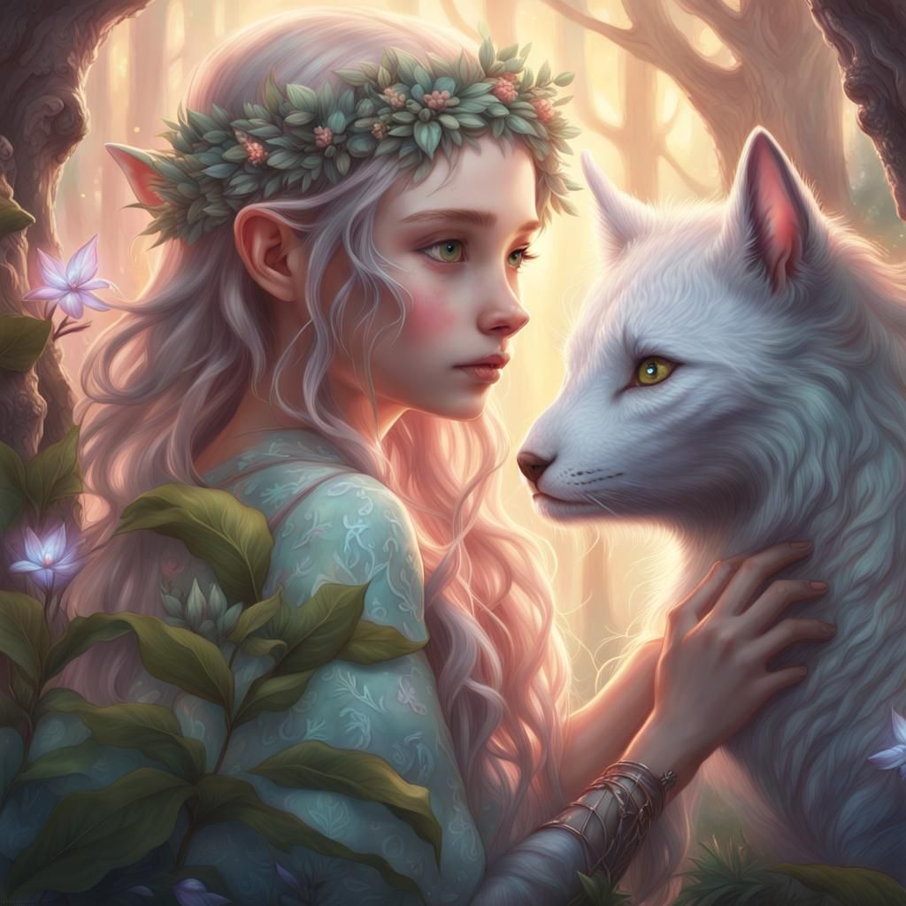 Elf Girl Heals Forest Creature in Dreamlike Illustration