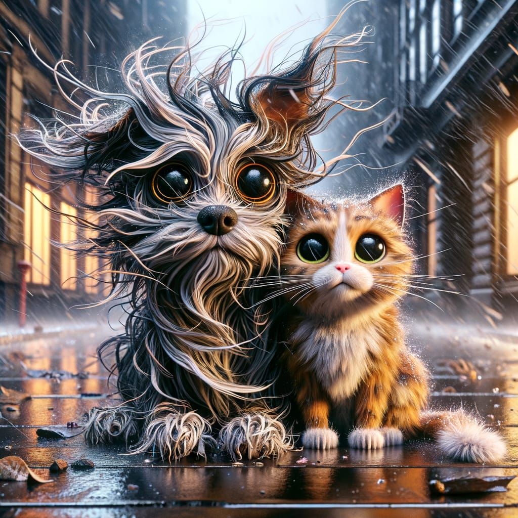 Cute Cat and Dog in Rainy Street