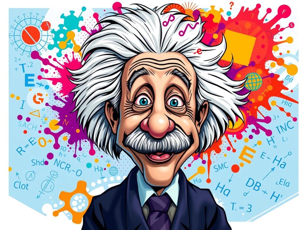 Playful Einstein Caricature With Wild Hair and Giant Brain