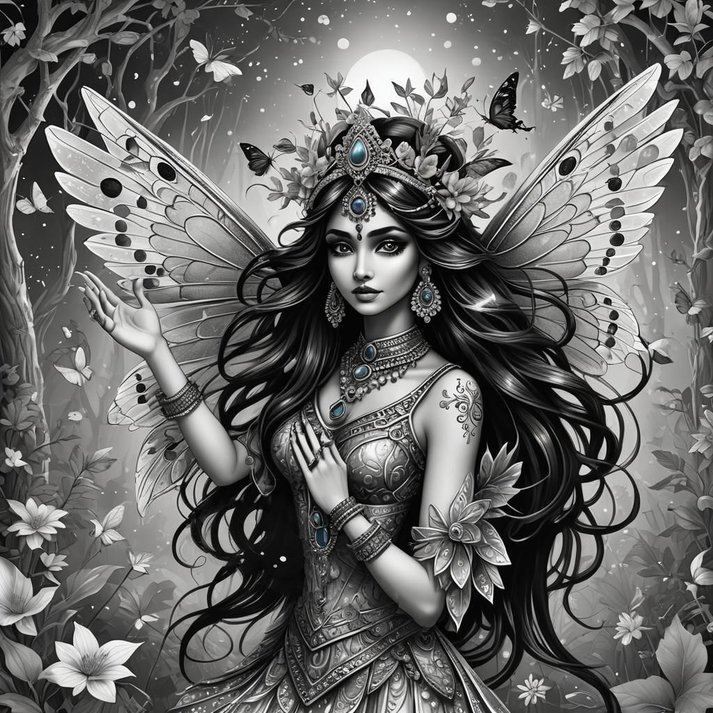 Mystical Indian Fairies Coloring Book Illustration