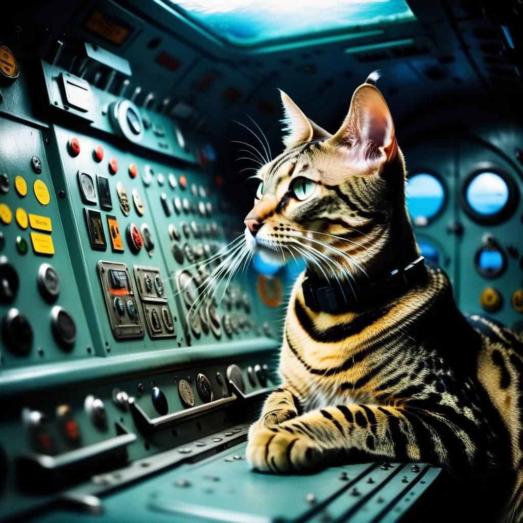 Savannah Cat pressing buttons inside a nuclear submarine