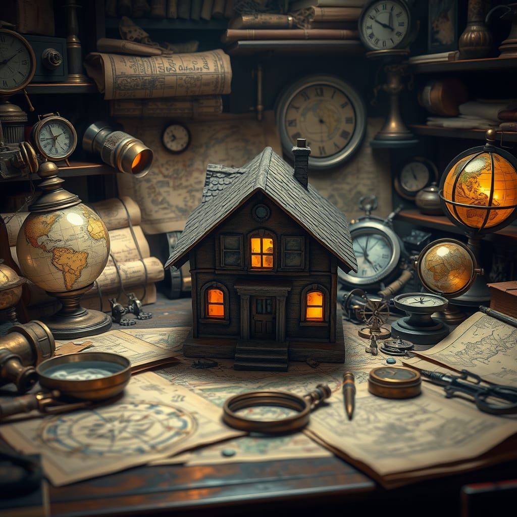 Tiny House on Archaeologist's Desk, Whimsical Gothic Style