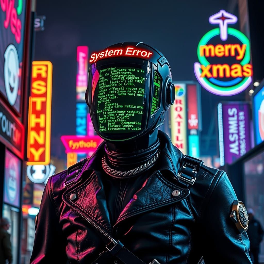 Cyborg in Cyberpunk Neon Cityscape with Glitch Art Error Cod...