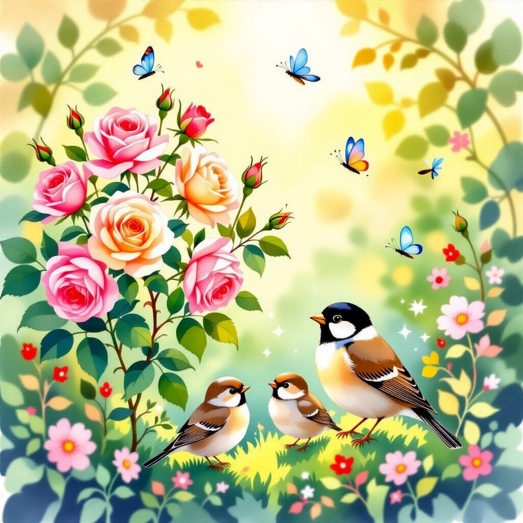 Whimsical Watercolor Magical Garden with Sparrow Family