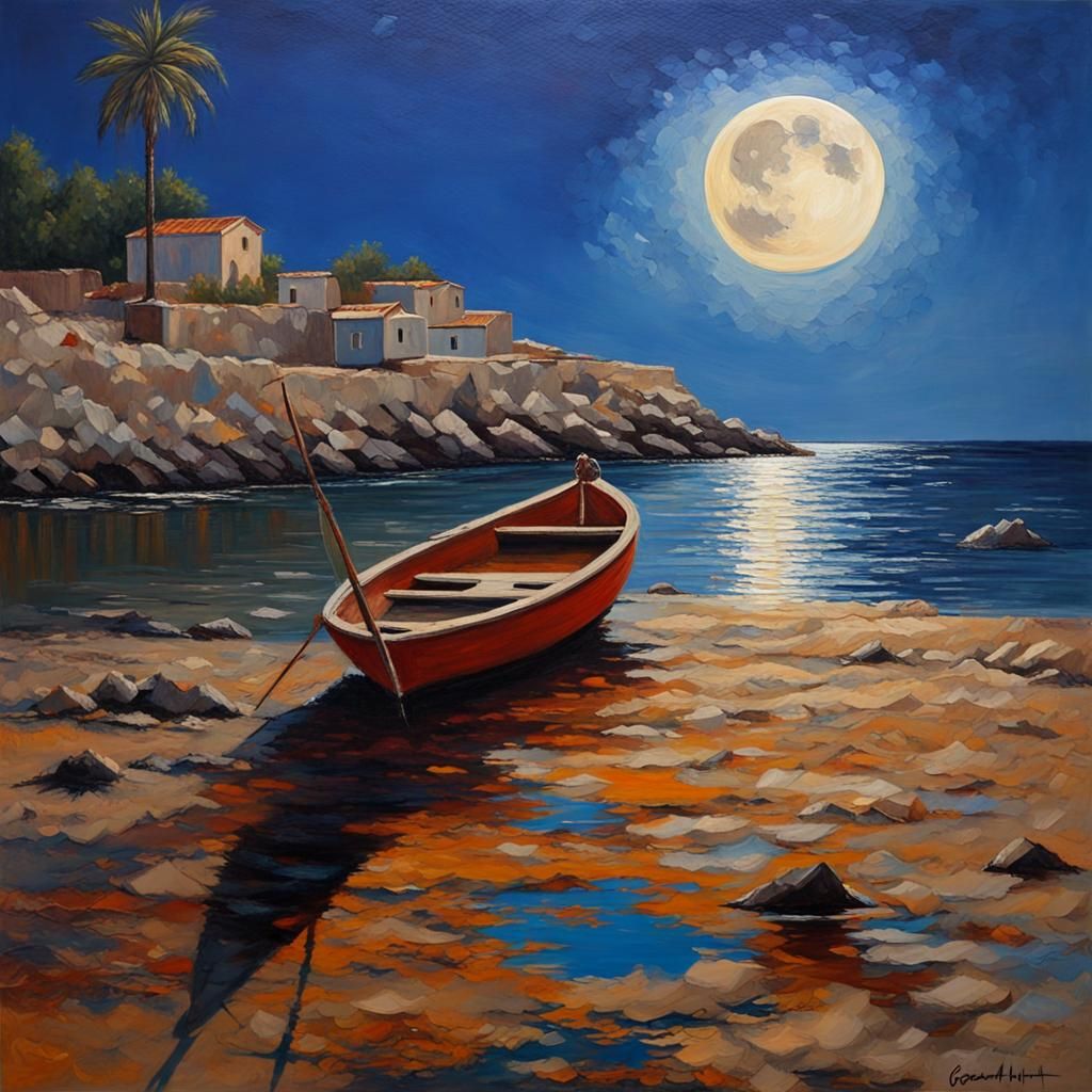 Floating Village on Andaman Sea: Impressionistic Oil Paintin...