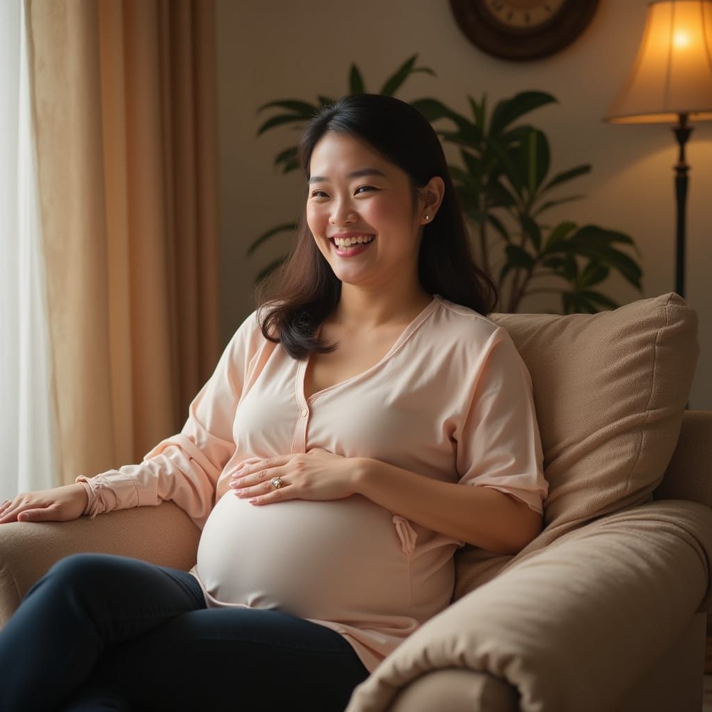 Smiling Middle-Aged Asian Woman in Cozy Living Room