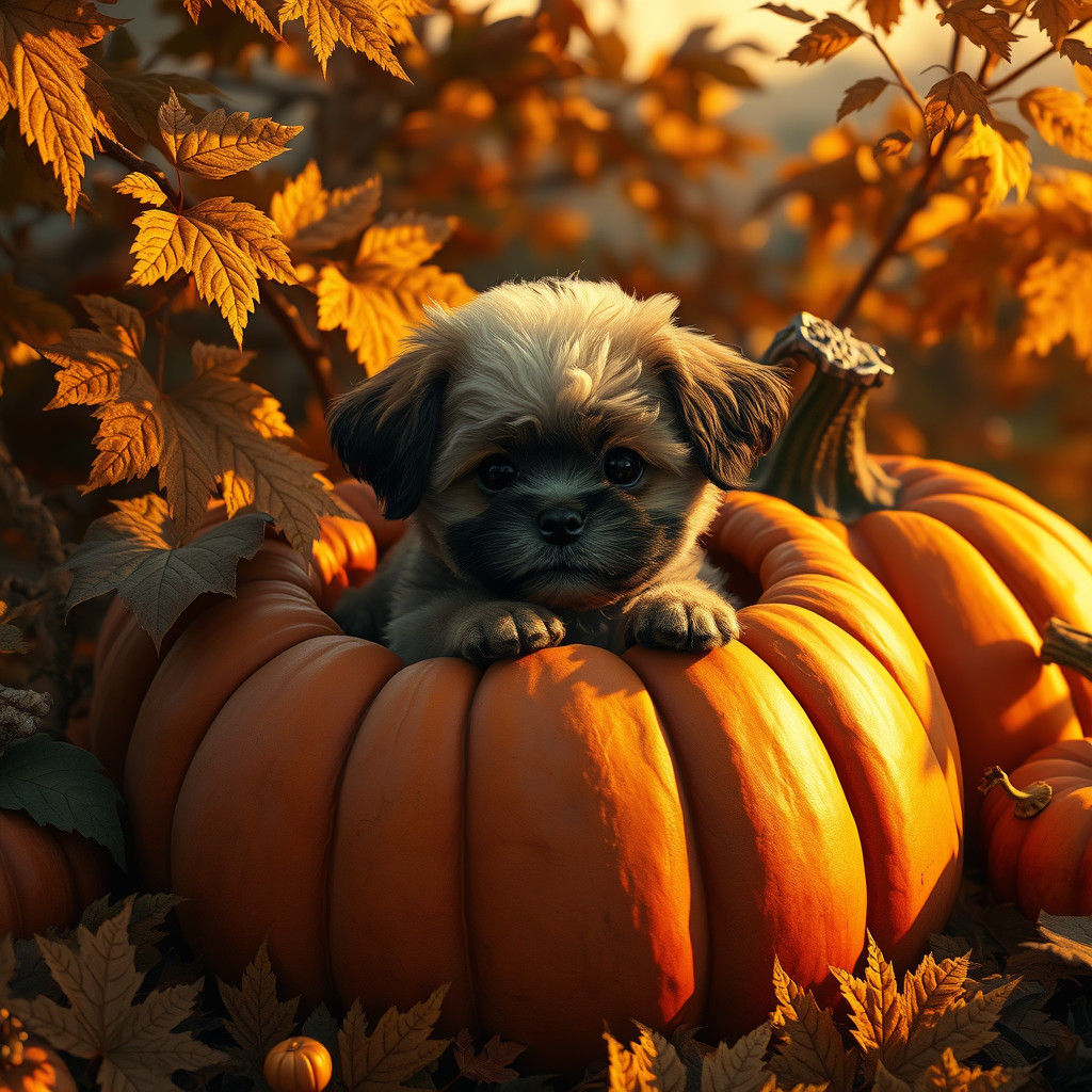 Maltipoo Puppy Inside Pumpkin in Fantasy Style