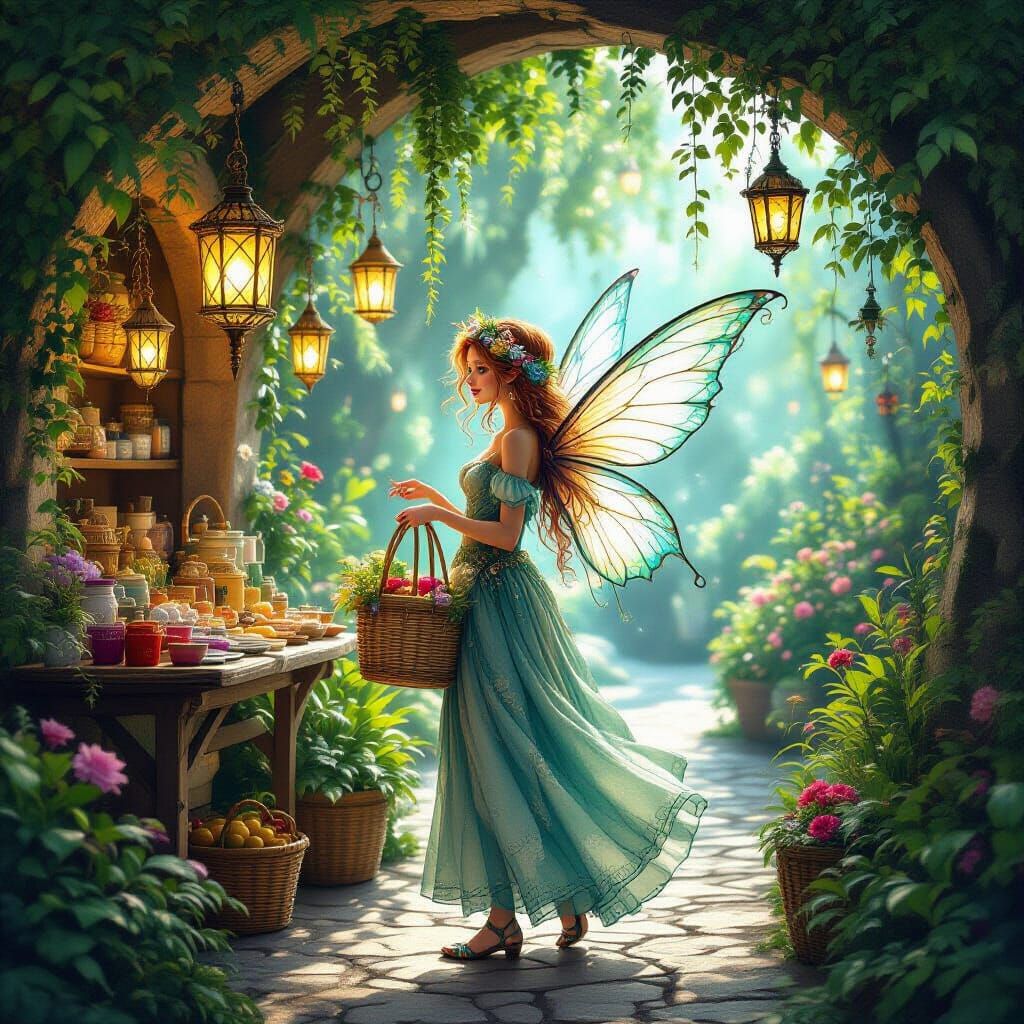 Fairy Shopping at Whimsical Market in Mystical Grotto