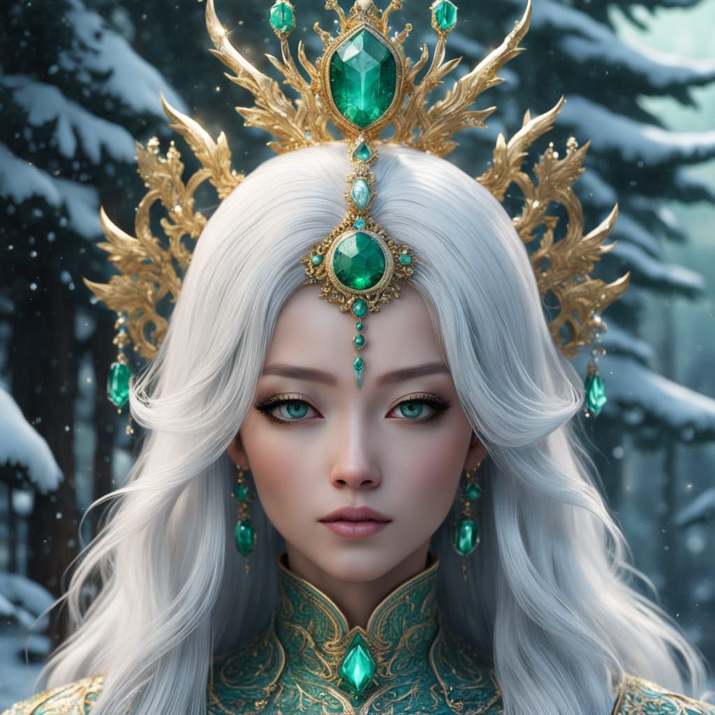 Regal Frost Queen in Ancient Mythological Style