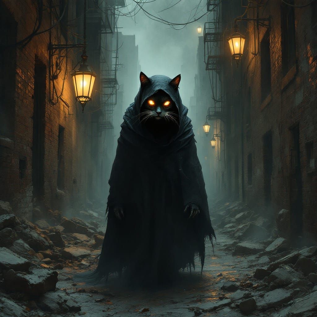 Mysterious Feline Figure in a Post-Industrial Cityscape