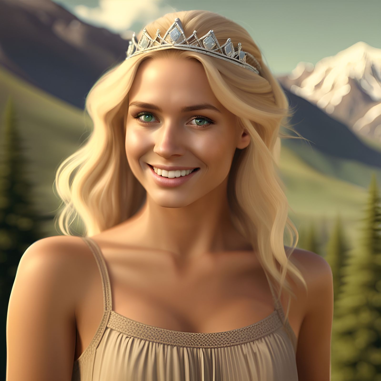 Blonde Woman with Tiara in Mountain Landscape