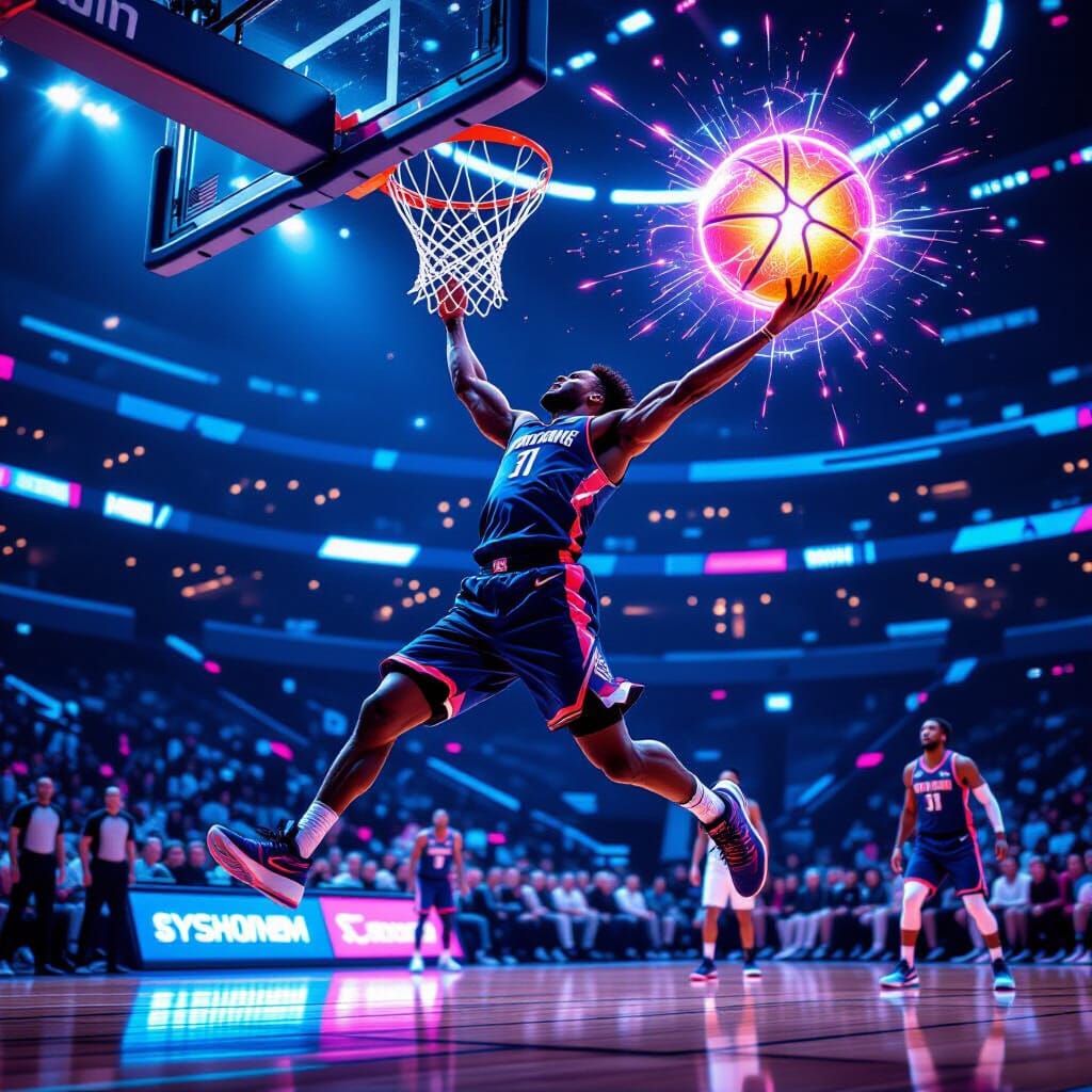 Futuristic Basketball Player Slam Dunk in Neon Arena