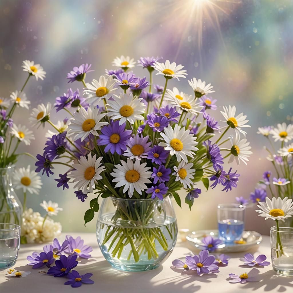 glass bouquet of flowers, daisies, violets, water lilies, bl...