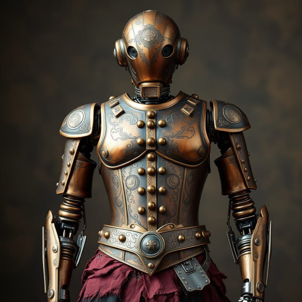 Copper-Plated Robot in Medieval Punk Attire with Yugoslavian...