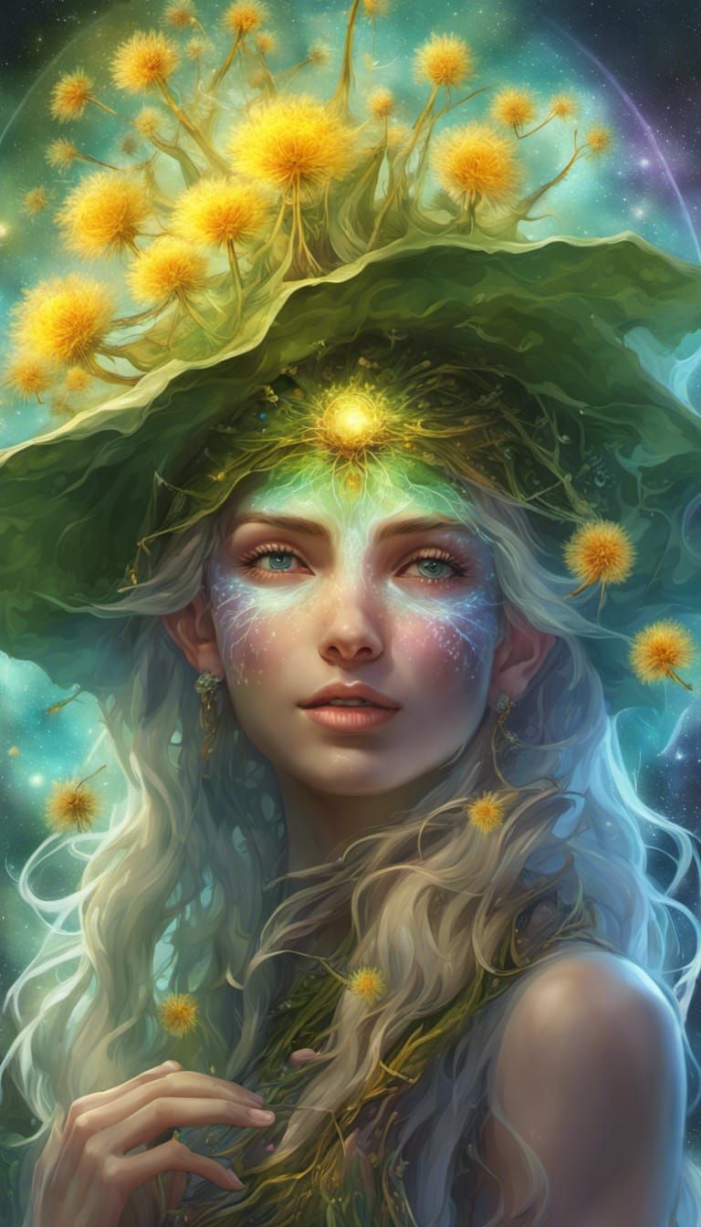 Bioluminescent Nymph-Elf Witch with Fractal Hat