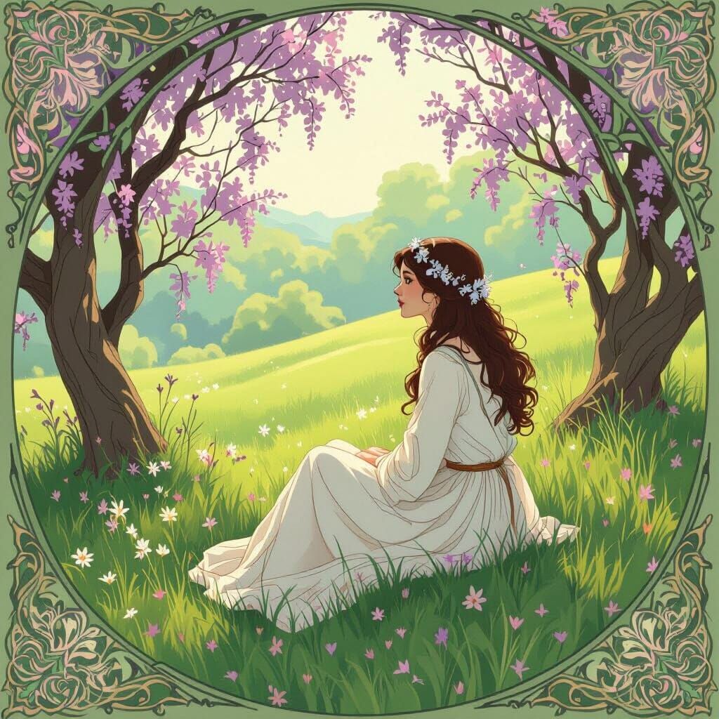 Woman in Emerald Meadow, Alphonse Mucha Style