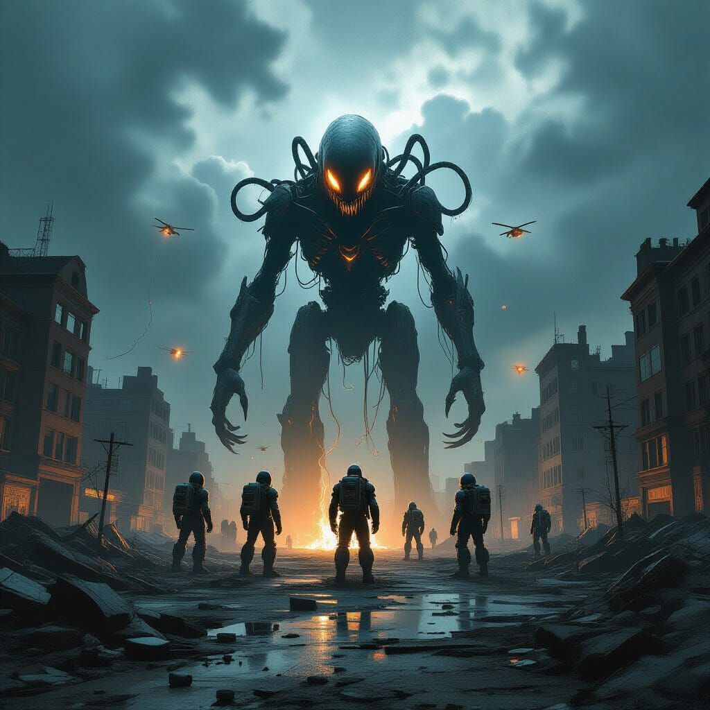 Robots and Alien in Desolate City Square