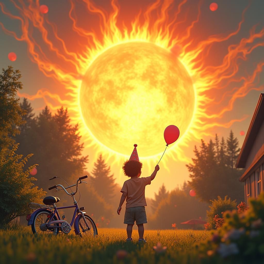 Boy's Birthday Interrupted by Fiery Sun, Hyper-Realistic Sty...